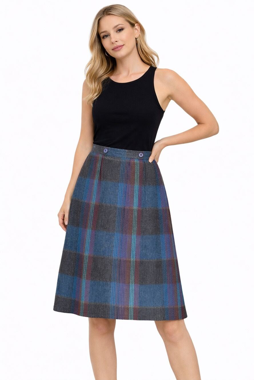1980s Tan Jay Plaid Wool Midi Skirt Made in USA Preppy Large